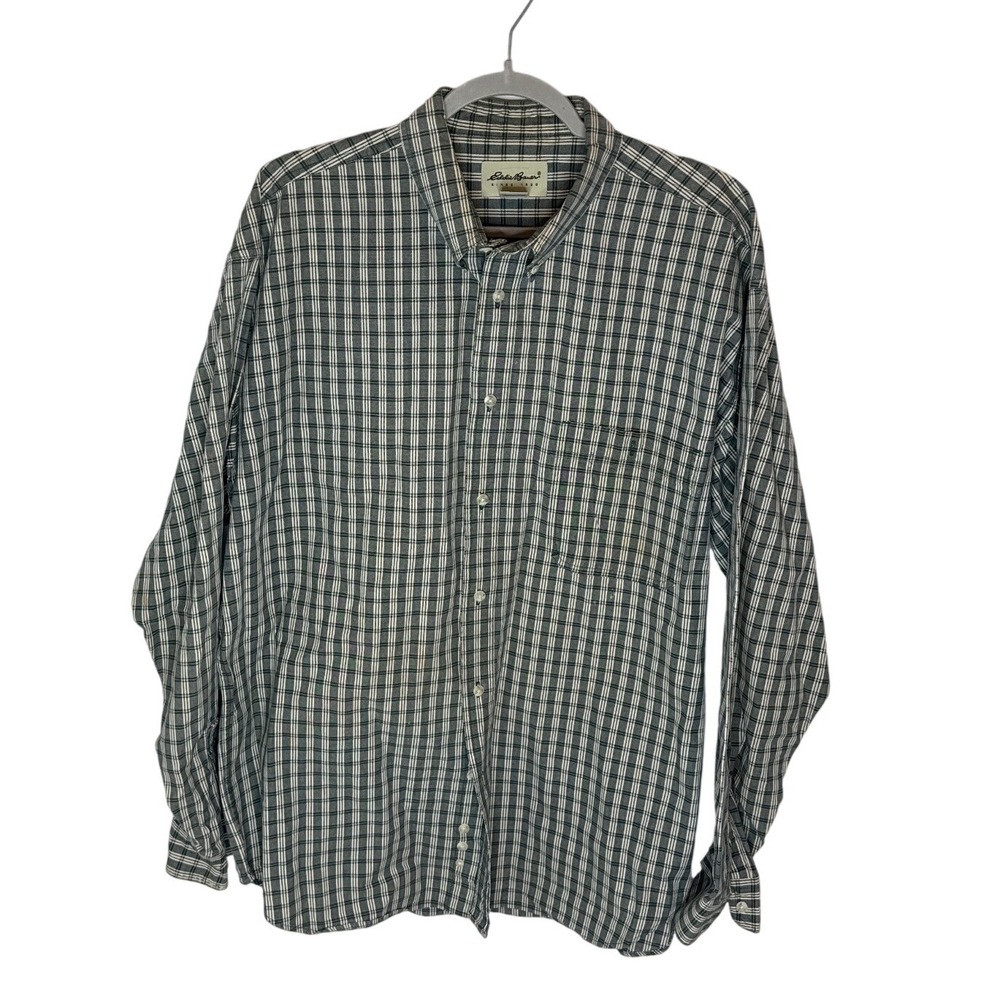 Eddie Bauer Mens XL Green Plaid Long Sleeve Button Down Cotton Shirt Regular Fit